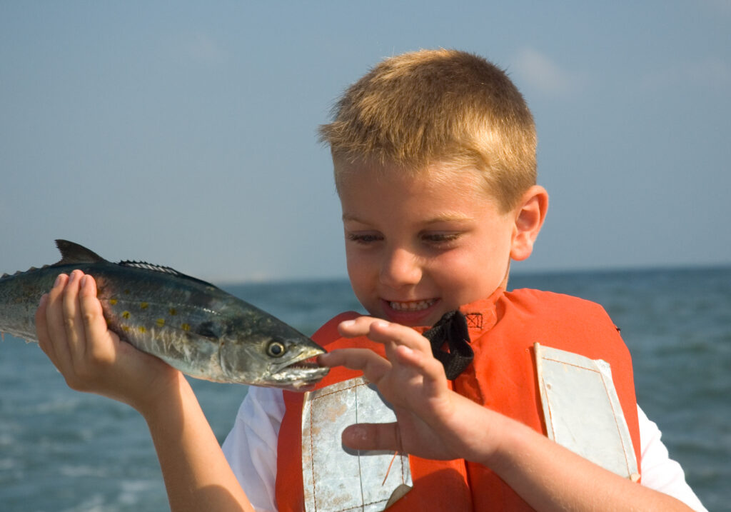 Boy On Charter Fishing Boat ,Spanish Mackerel Bite